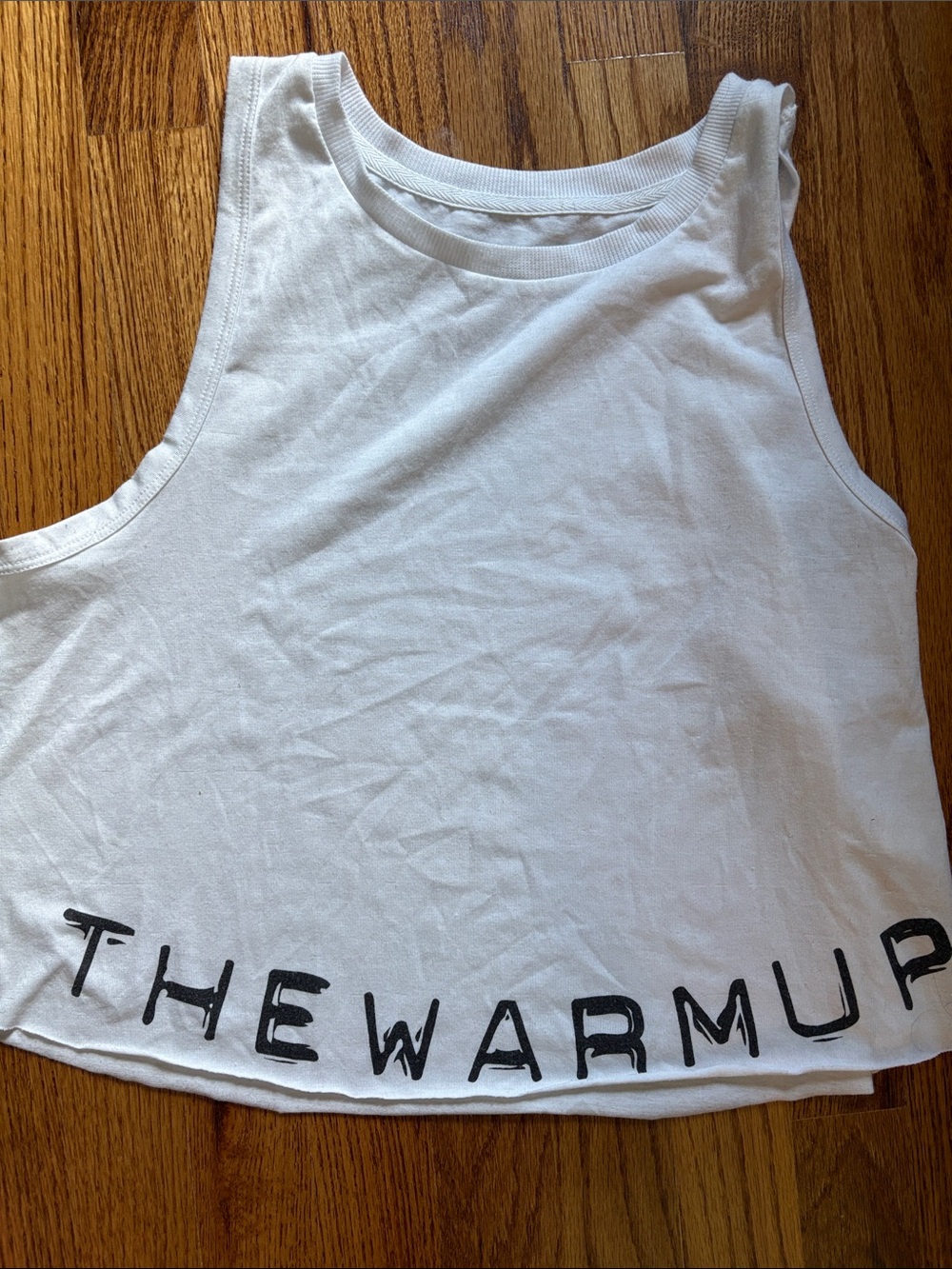 Jessica Simpson - The WarmUp White Cropped Tank Top with Black Hem Text